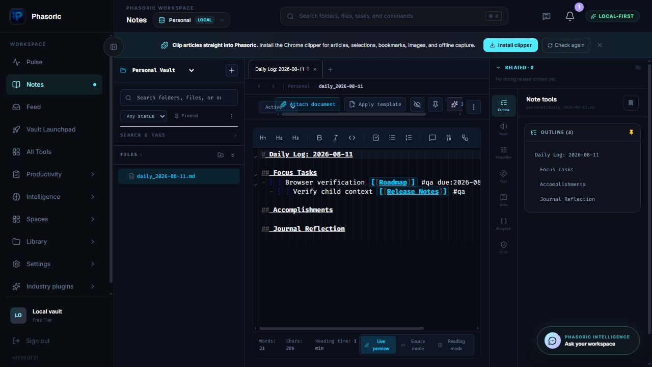 Phasoric local workspace showing Quarries structured views